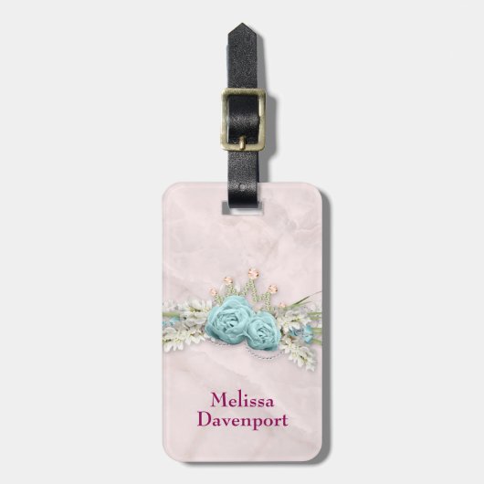 Blaue Rose und Crown Floral Bouquet Gepäckanhänger (Vorderseite vertikal)