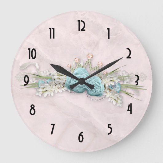 Blaue Rose und Crown Floral Bouquet Große Wanduhr (Vorderseite)