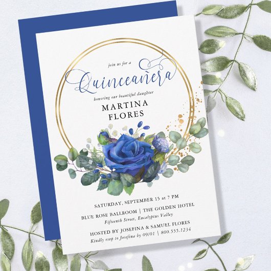 Blaue Rose und Eukalyptus Elegantes Quinceanera Einladung