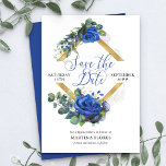 Blaue Rose und Eukalyptus Elegantes Quinceanera Save The Date<br><div class="desc">Blue Rose und Eucalyptus Quinceanera Save the Date - die Sie leicht zu ändern, um Anzug jeder Gelegenheit! Das Design besticht durch elegante Kalligraphie, Blume der Rose, Eukalyptus-Blätter und Grünpflanzen. Die Blumenanordnung ist Set in einem goldgeometrisch geformten Rahmen in Diamantform. Wenn Sie passende Produkte wünschen, durchsuchen Sie bitte meine Sammlung...</div>