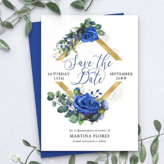 Blaue Rose und Eukalyptus Elegantes Quinceanera Save The Date