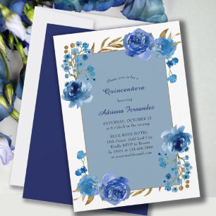 Blaue Rose und Goldblatt Elegante Floral Quinceane Einladung