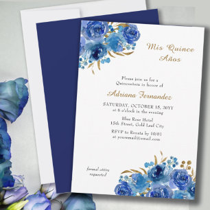 Blaue Rose und Goldblatt Quince Anos Quinceanera Einladung