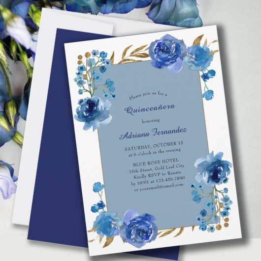 Blaue Rose und Goldene Leaf Elegantes Flora Quince Einladung