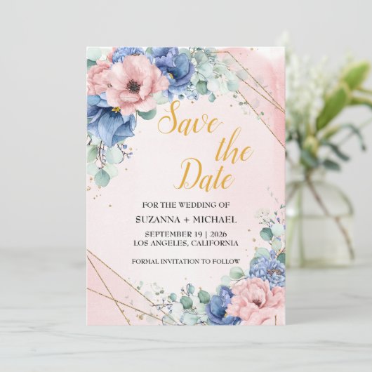 Blaue Rose und Hochzeit im Grünen Save The Date (Stehend Vorderseite)