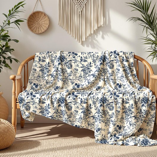 Blaue Rose Vine Pattern Toile Fleecedecke