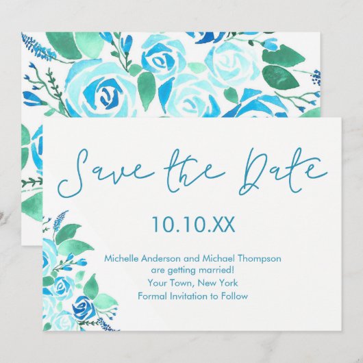 Blaue Rose Wasserfarbe Save the Date Einladung (Vorne/Hinten)