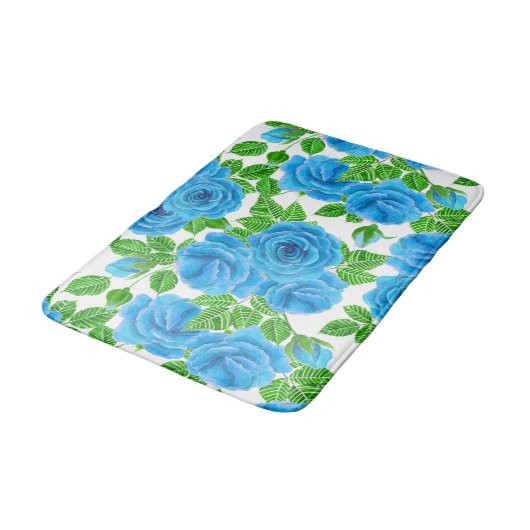 Blaue Rose Wasserfarbenmuster Badematte (Schrägansicht)