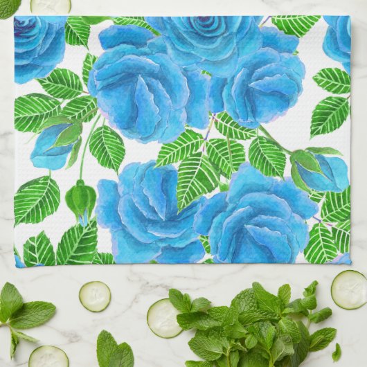 Blaue Rose Wasserfarbenmuster Handtuch (Gefaltet)