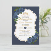 Blaue Rose Weiß und Gold Elegantes Quinceanera Einladung (Stehend Vorderseite)