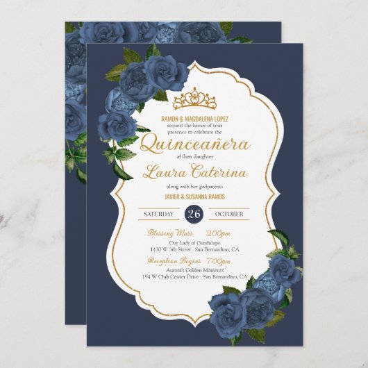 Blaue Rose Weiß und Gold Elegantes Quinceanera Einladung (Vorne/Hinten)