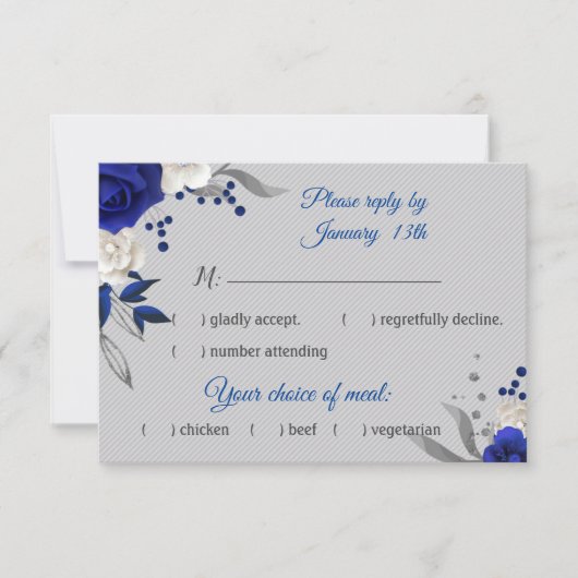 Blaue Rose, weiße Blume, graue Rsvp-Karte RSVP Karte (Vorderseite)