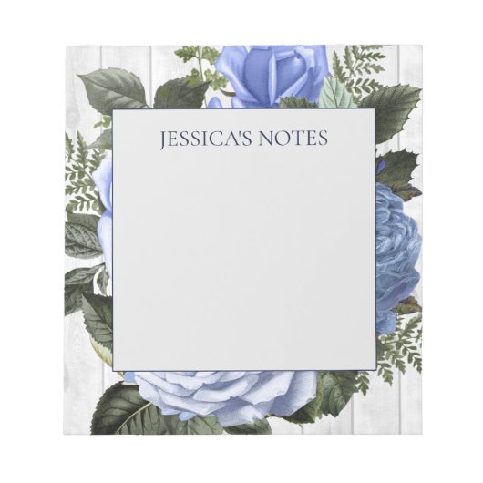 Blaue Rose Weißer rustikaler Holzname Notizblock (Vorderseite)