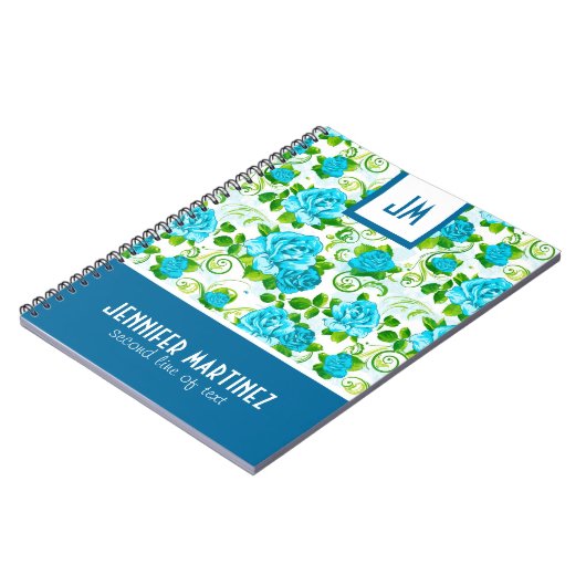 Blaue Rose Weißes Hintergrundmonogramm Notizblock (Linke Seite)