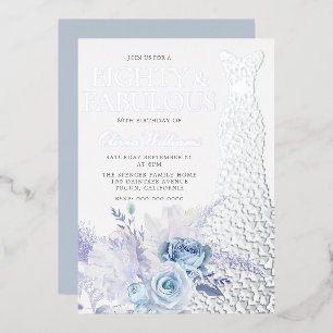 Blaue Rosen 80. Geburtstagsfeier Silber Folieneinladung