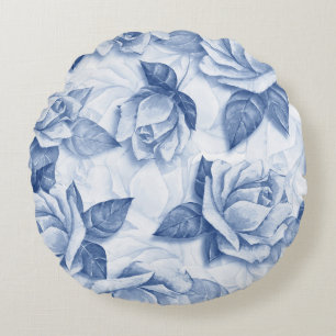 Blaue Rosen-Aquarell - Elegante Blumendekoration Rundes Kissen
