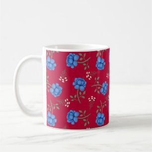 Blaue Rosen auf rotem übergroßen Kattun Kaffeetasse