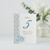 Blaue Rosen Damastspitze Chic Hochzeit Tischzahl Postkarte (Stehend Vorderseite)