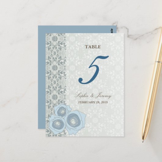 Blaue Rosen Damastspitze Chic Hochzeit Tischzahl Postkarte (Vorderseite/Rückseite Beispiel)