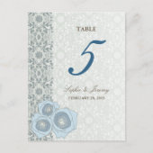 Blaue Rosen Damastspitze Chic Hochzeit Tischzahl Postkarte (Vorderseite)