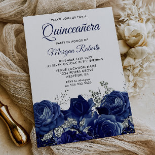 Blaue Rosen Elegante Silber-Quinceanera Einladung