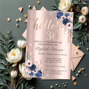 Blaue Rosen, Glitter Drips Rose Gold 30. Geburtsta Einladung