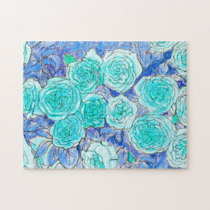 Blaue Rosen, grüne Blätter Rosengarten Sommerblume Puzzle