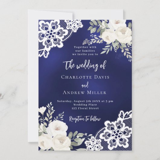 Blaue Rosen in Navy QR-Code Hochzeit Einladung (Vorderseite)