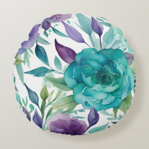 Blaue Rosen Lila Wasserfarbenblüten  Rundes Kissen
