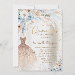 Blaue Rosen Pampas Gras Kleid Quinceanera Einladung