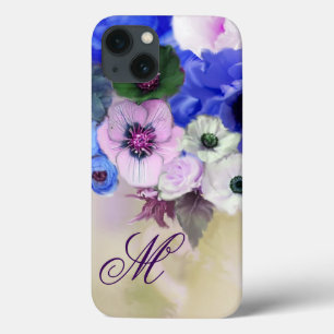 BLAUE ROSEN, ROSA WEISSE ANEMONENBLUMEN MONOGRAMM iPhone 13 HÜLLE