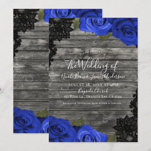 Blaue Rosen Rustikales Holz Schwarze Spitze Hochze Einladung