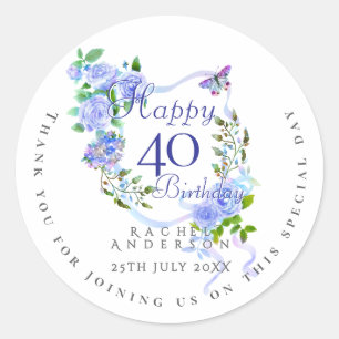 Blaue Rosen-Schleife 40. Geburtstag Runder Aufkleber