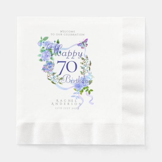 Blaue Rosen-Schleife 70. Geburtstag Serviette (Vorderseite)