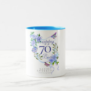 Blaue Rosen-Schleife Geburtstag 70. Zweifarbige Tasse