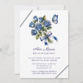 Blaue Rosen Schmetterling Silber Brunch & Bubbly Einladung (Vorderseite)