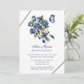Blaue Rosen Schmetterling Silber Brunch & Bubbly Einladung (Stehend Vorderseite)