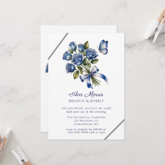 Blaue Rosen Schmetterling Silber Brunch & Bubbly Einladung (Vorderseite/Rückseite Beispiel)