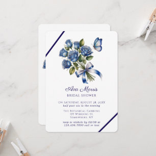 Blaue Rosen Schmetterling Silber Hochzeitsdusche Einladung