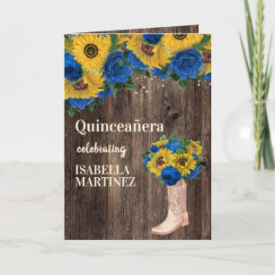 Blaue Rosen Sonnenblumen Cowgirl Foto Quinceañera Karte