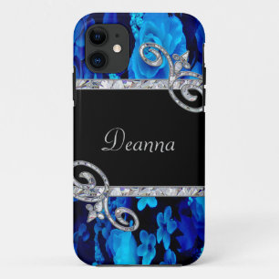 Blaue Rosen u. Diamant-Wirbels-Monogramm iPhone 11 Hülle