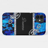 Blaue Rosen u. Diamant-Wirbels-Monogramm Case-Mate iPhone Hülle (Rückseite (Horizontal))