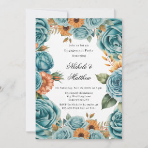 Blaue Rosen und orangefarbene Blumen zur Verlobung Einladung