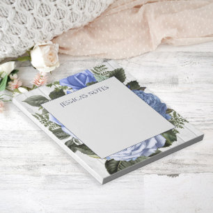 Blaue Rosen Weiße Rustikale Holz Namensnotiz Notizblock
