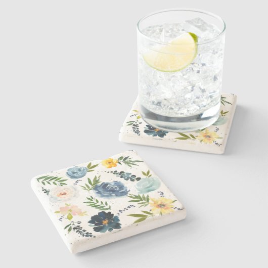 Blaue Rosenmuster Steinuntersetzer (Seitenansicht)