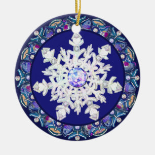 Blaue Rosette & Schneeflocke Keramik Ornament