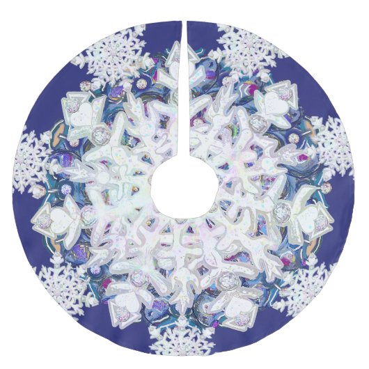 Blaue Rosette & Schneeflocke Polyester Weihnachtsbaumdecke (Vorderseite)
