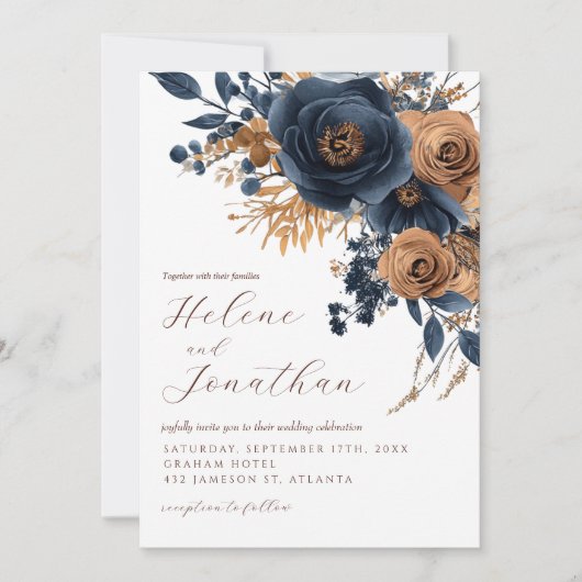 Blaue Rost Wasserfarbe Blumengestalt Hochzeit Einladung (Vorderseite)