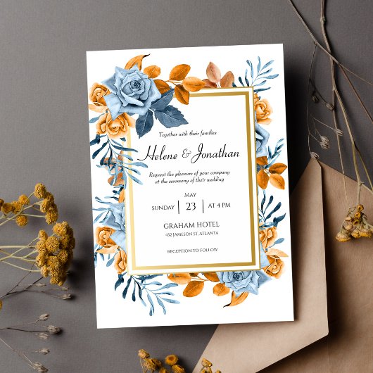 Blaue Rost Wasserfarben Blumen Elegante Hochzeit Einladung