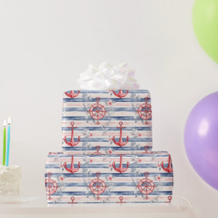 Blaue rote Anker Blumen Streifen Strand Geburtstag Geschenkpapier